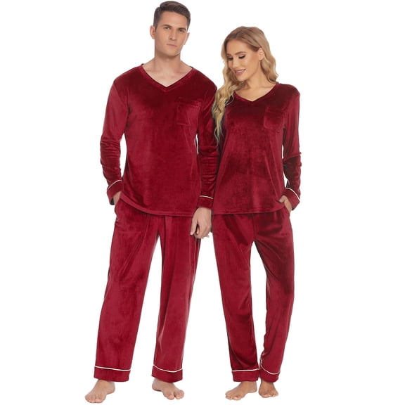 Ekouaer Couples Matching Pajamas Sets Velvet PJs Set for Men and Women Velour Long Sleeve Sleepwear