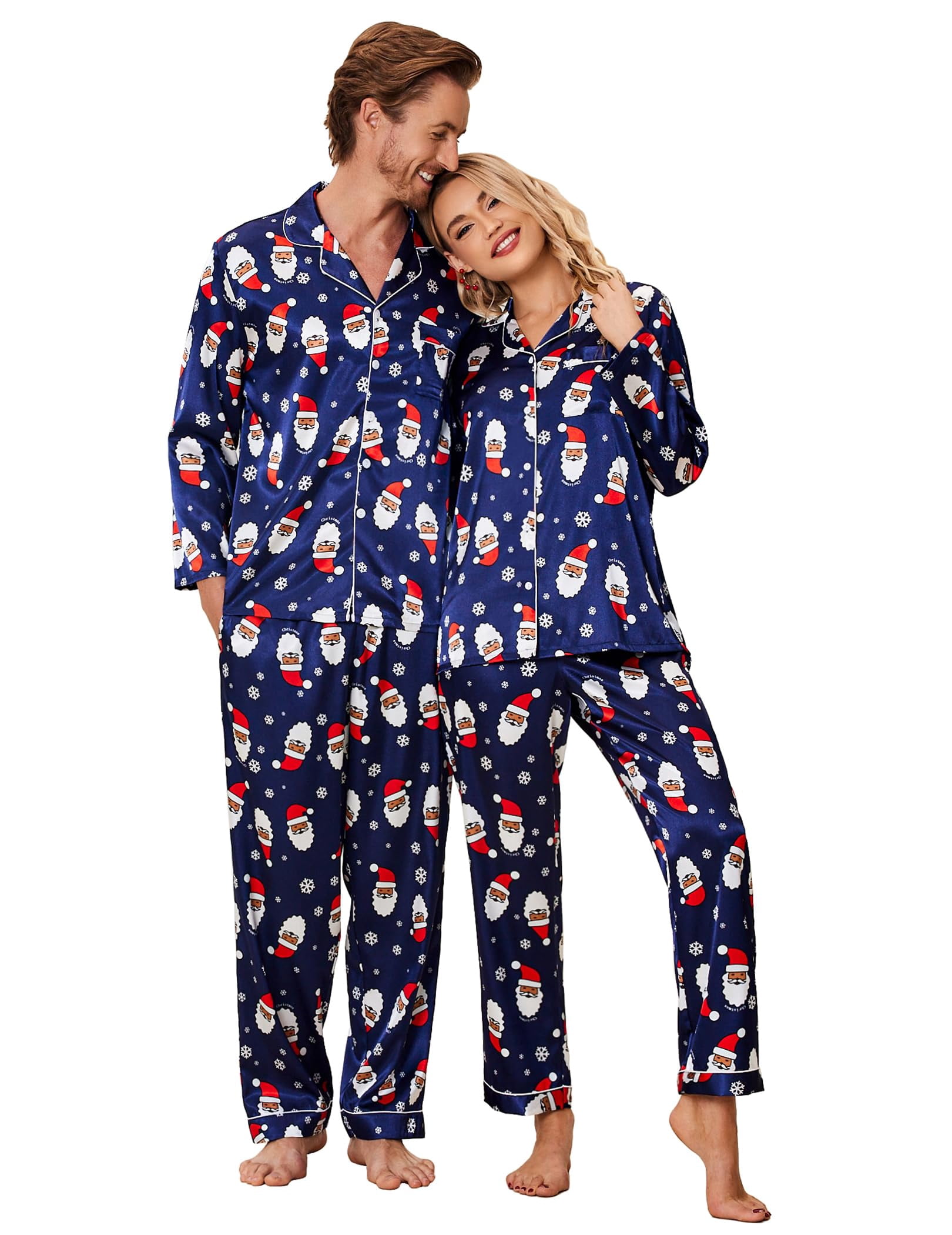 Ekouaer Couples Matching Pajamas Silk Long Sleeve Sleepwear Satin Soft ...