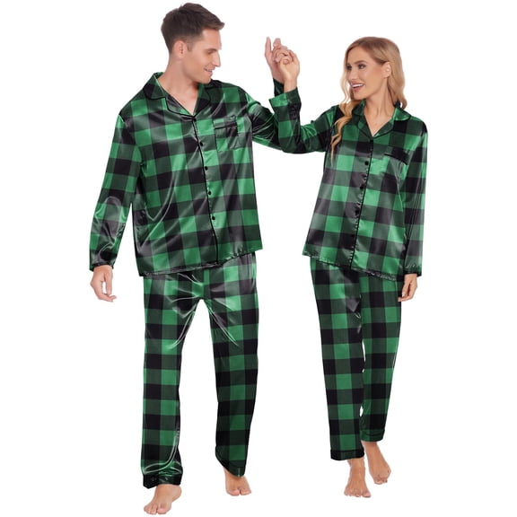 Ekouaer Couples Matching Pajamas Silk Long Sleeve Sleepwear Satin Soft Button Down Loungewear Pjs Set