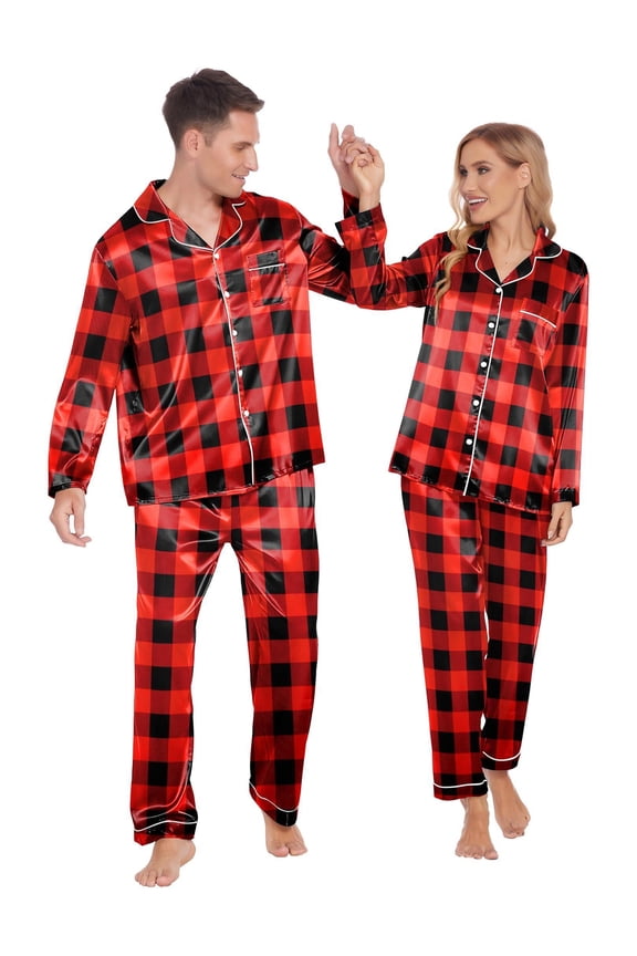 Couples Matching Pajamas Silk Long Sleeve Sleepwear Satin Soft Button Down Loungewear Pjs Set