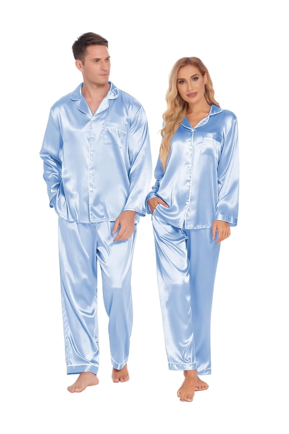 Couples Matching Pajamas Silk Long Sleeve Sleepwear Satin Soft Button Down Loungewear Pjs Set