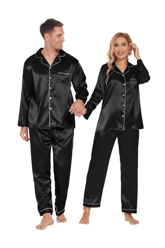 Couples Matching Pajamas Silk Long Sleeve Sleepwear Satin Soft Button Down Loungewear Pjs Set