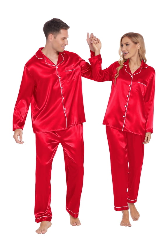 Couples Matching Pajamas Silk Long Sleeve Sleepwear Satin Soft Button Down Loungewear Pjs Set