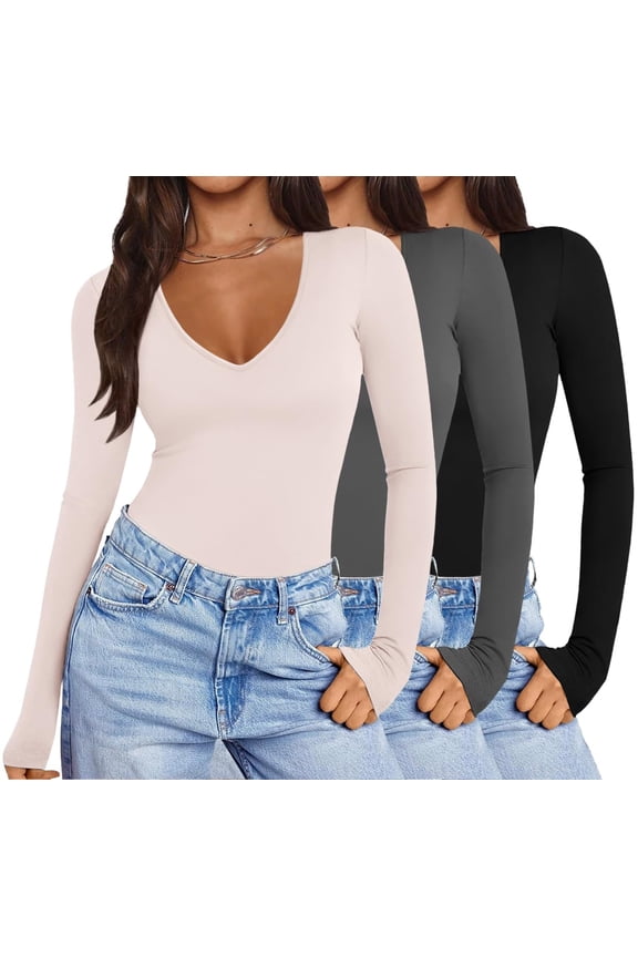 Deep V Neck Shirts for Women Low Cut Long Sleeve Tops Slim Fit Basic Cleavage Tees Deep Plunge Thermal Tshirts Black + Grey + Beige