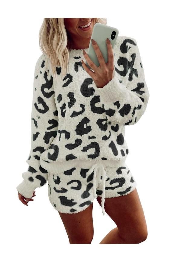 Fuzzy Fleece Pajamas 2 Piece Warm Soft Lounge Set Long Sleeve Sweater Top and Shorts Loungewear Outfits Sweatsuits