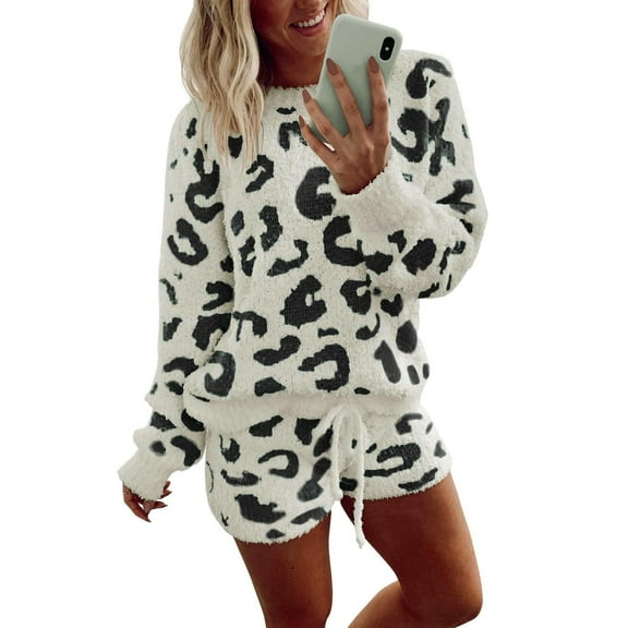Ekouaer Fuzzy Fleece Pajamas 2 Piece Warm Soft Lounge Set Long Sleeve Sweater Top and Shorts Loungewear Outfits Sweatsuits