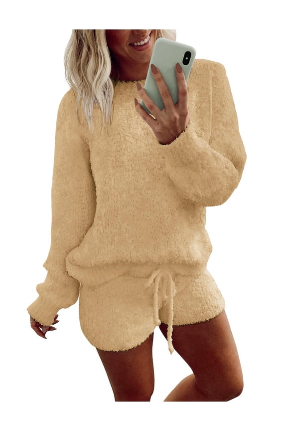 Fuzzy Fleece Pajamas 2 Piece Warm Soft Lounge Set Long Sleeve Sweater Top and Shorts Loungewear Outfits Sweatsuits
