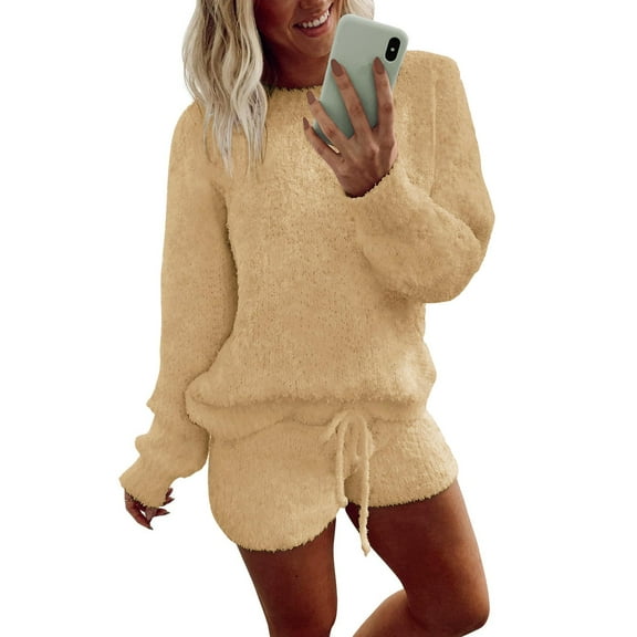 Ekouaer Fuzzy Fleece Pajamas 2 Piece Warm Soft Lounge Set Long Sleeve Sweater Top and Shorts Loungewear Outfits Sweatsuits