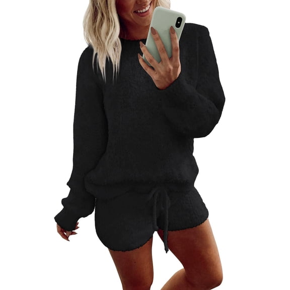 Ekouaer Fuzzy Fleece Pajamas 2 Piece Warm Soft Lounge Set Long Sleeve Sweater Top and Shorts Loungewear Outfits Sweatsuits