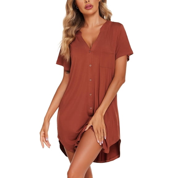 Ekouaer Women V-Neck Sleep Dress Short Sleeve Nightshirt with Split Hem Comfortable Nightgown