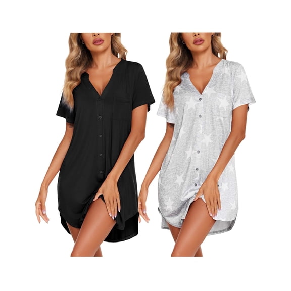 Ekouaer Women V-Neck Sleep Dress Short Sleeve Nightshirt with Split Hem Comfortable Nightgown