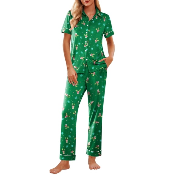 Ekouaer Women Heart Pajamas Set Button Down Short Sleeve Lounge Set with Long Pants Soft and Comfortable Sleepwear