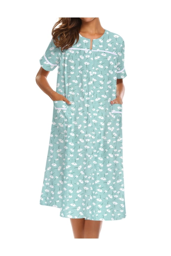 House Dress for Women with Pockets Button Down Duster Housecoat Short Sleeve Patio Dress Nightgown