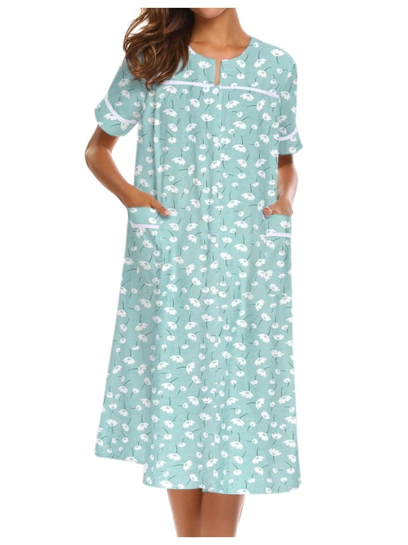 House Dress for Women with Pockets Button Down Duster Housecoat Short Sleeve Patio Dress Nightgown