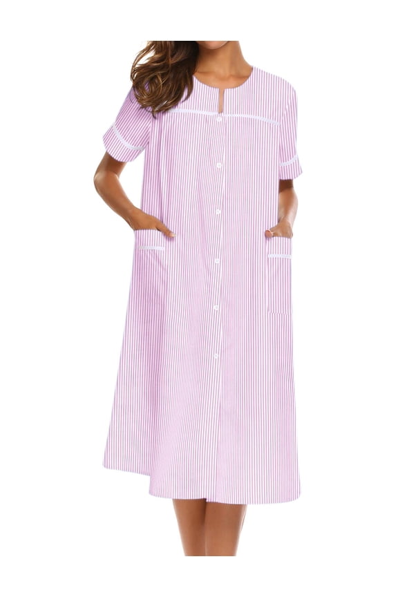 House Dress for Women with Pockets Button Down Duster Housecoat Short Sleeve Patio Dress Nightgown