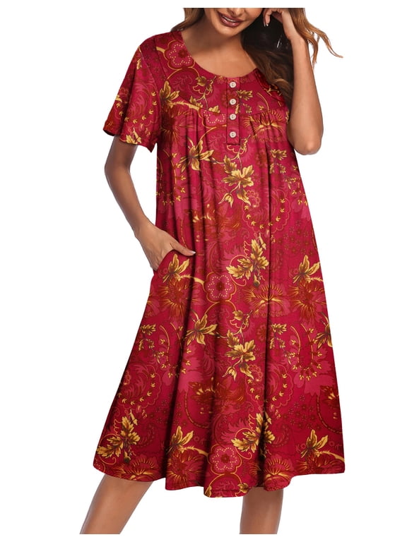 House Dress for Women with Pockets Short Sleeve Moo Moos Plus Size Nightgowns Floral Print Mumu Dresses