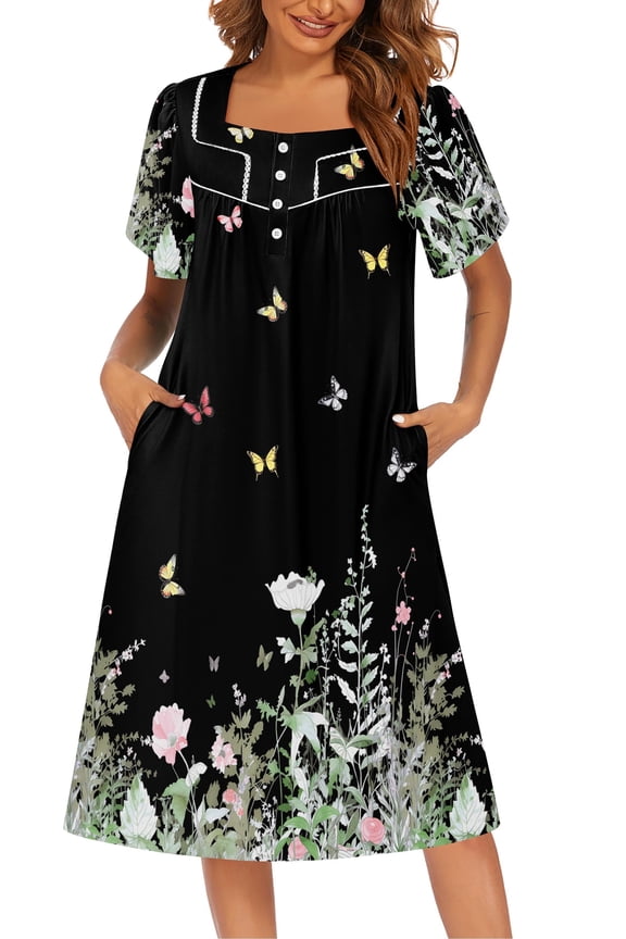 House Dresses for Women Moo Moo Nightgown Short Sleeve Mumu Dress Lounge Wear with Pockets Black L