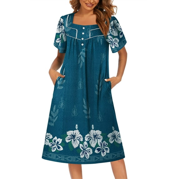 Ekouaer House Dresses for Women Moo Moo Nightgown Short Sleeve Mumu Dress Lounge Wear with Pockets Blue M