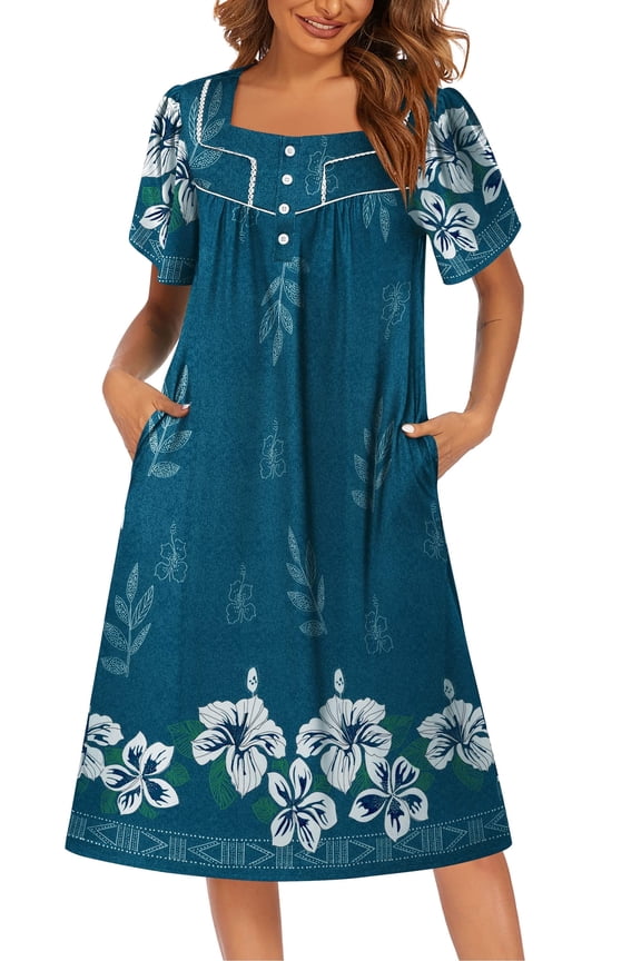 House Dresses for Women Moo Moo Nightgown Short Sleeve Mumu Dress Lounge Wear with Pockets Blue XXL