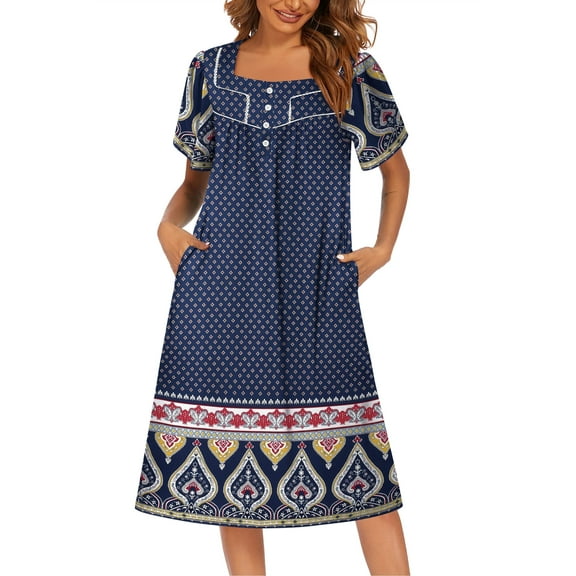Ekouaer House Dresses for Women Moo Moo Nightgown Short Sleeve Mumu Dress Lounge Wear with Pockets Navy Blue S