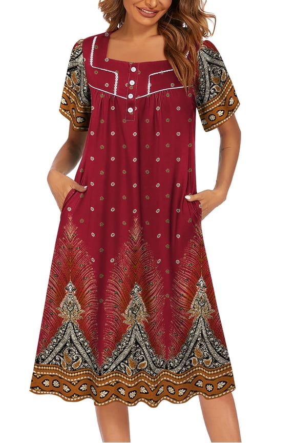 House Dresses for Women Mumu Dress with Pockets Short Sleeve Duster Loungedress Womens Housecoat