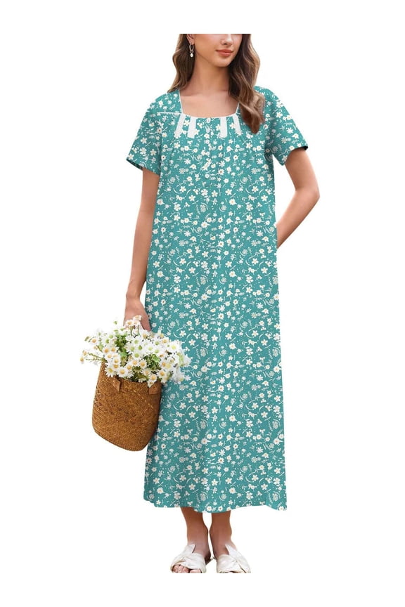 House Dresses for Women with Pockets Cotton Nightgowns Victorian Nightgown Moo Moo Nightgown Short Sleeve Mumu Dress Lounge Dress