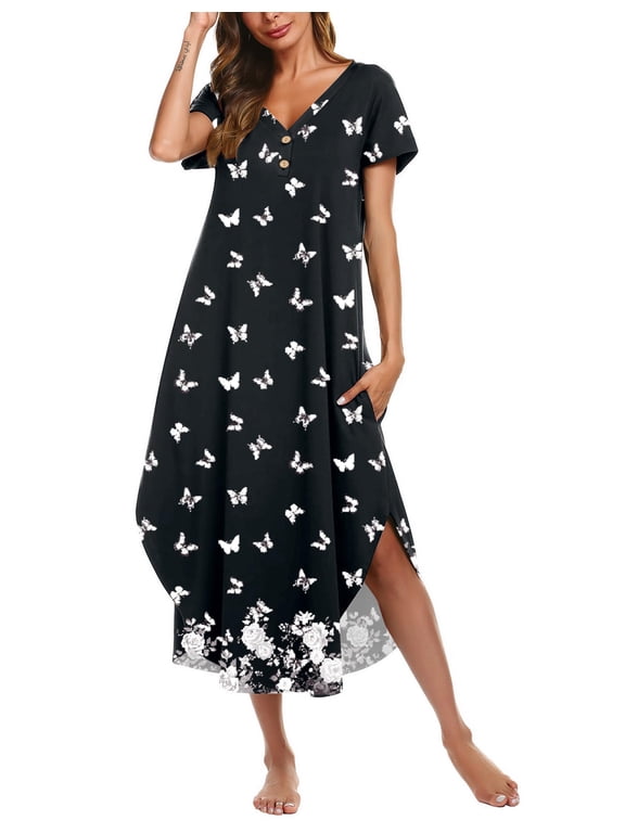 House Dresses for Women with Pockets Long Nightgown Button Night Gowns Short Sleeve Sleep Shirts