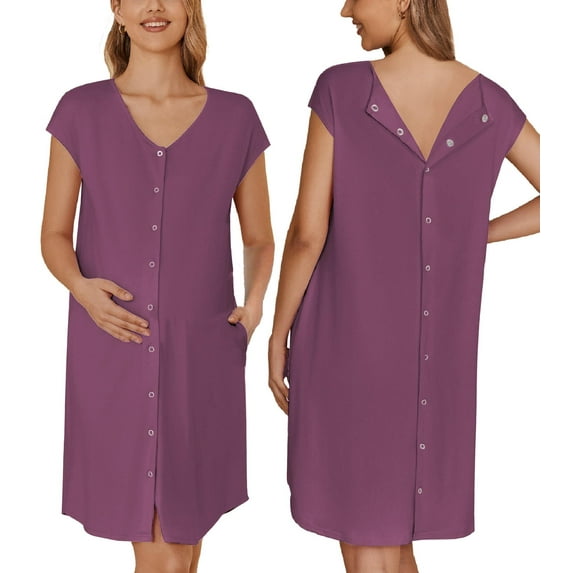 Ekouaer Womens Nightgown Nightshirt Birthing Gown V Neck Nursing Short Sleep Wear Taro Purple