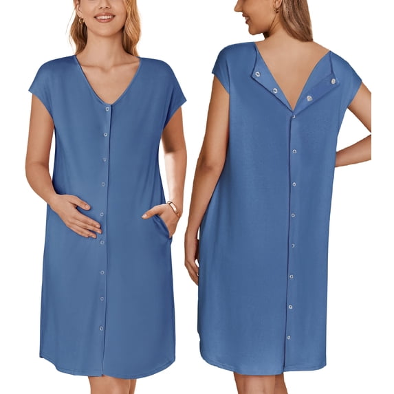Ekouaer Labor Gown Maternity Nightgown Nightshirt Nightdress Short Sleeve Nursing Sleepshirt Labor Delivery Gowns Dark Blue