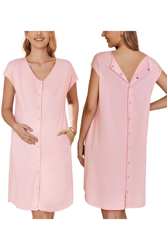 Womens Nursing/Delivery/Labor/Hospital Nightdress Short Sleeve V Neck Maternity Nightgown with Snap