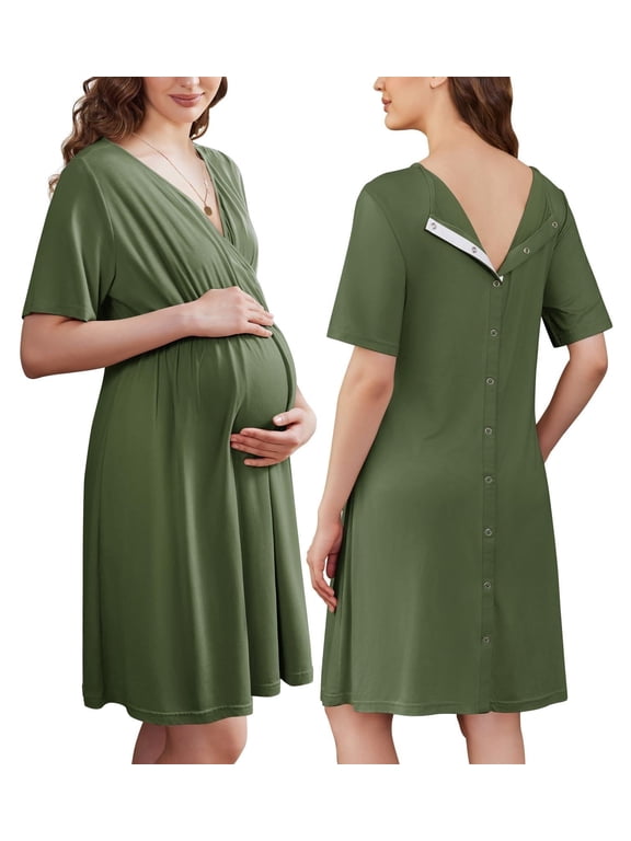 Labor and Delivery Gown for Hospital Short Sleeve Maternity Nursing Dress Nightgown with Button