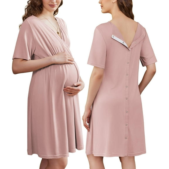 Ekouaer Labor and Delivery Gown for Hospital Short Sleeve Maternity Nursing Dress Nightgown with Button Misty Rose S