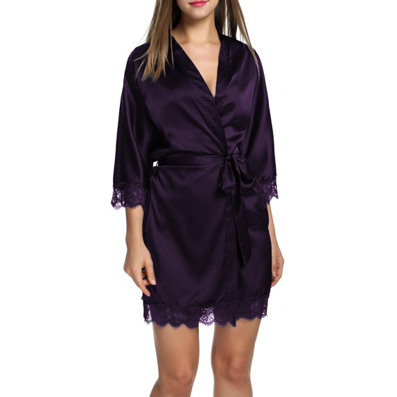 Ekouaer Lace Trim Silk Robe for Women Short Satin Soft Robes Sexy Open Front Lounge Robe 3/4 Sleeve Silky Sleeping Bathrobe with Drawstring
