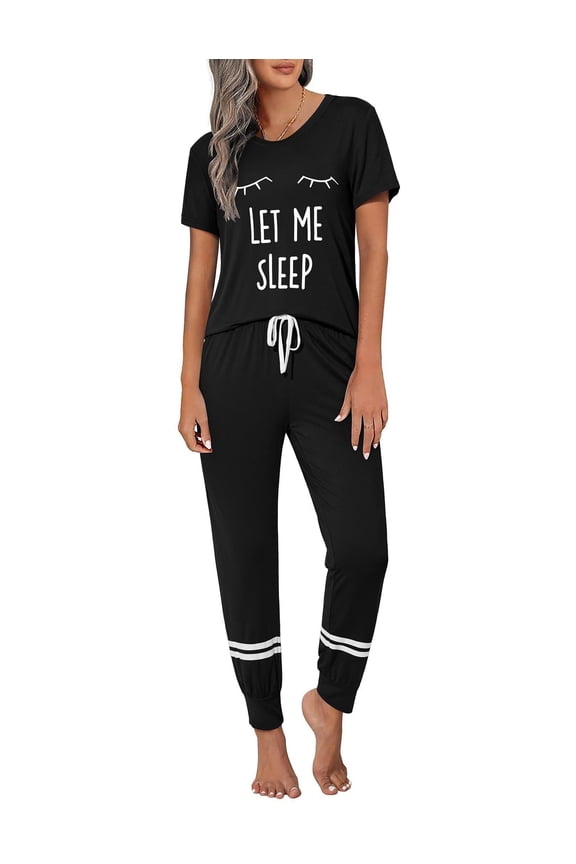 Womens Pajamas Set 2 Piece Lounge Pj Set Short Sleeve Sleepwear Tops with Joggers Pants Loungewear Print Nightwear