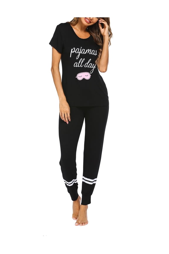 Womens Pajamas Set 2 Piece Lounge Pj Set Short Sleeve Sleepwear Tops with Joggers Pants Loungewear Print Nightwear