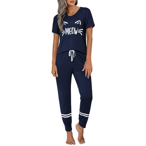 Ekouaer Womens Pajamas Set 2 Piece Lounge Pj Set Short Sleeve Sleepwear Tops with Joggers Pants Loungewear Print Nightwear
