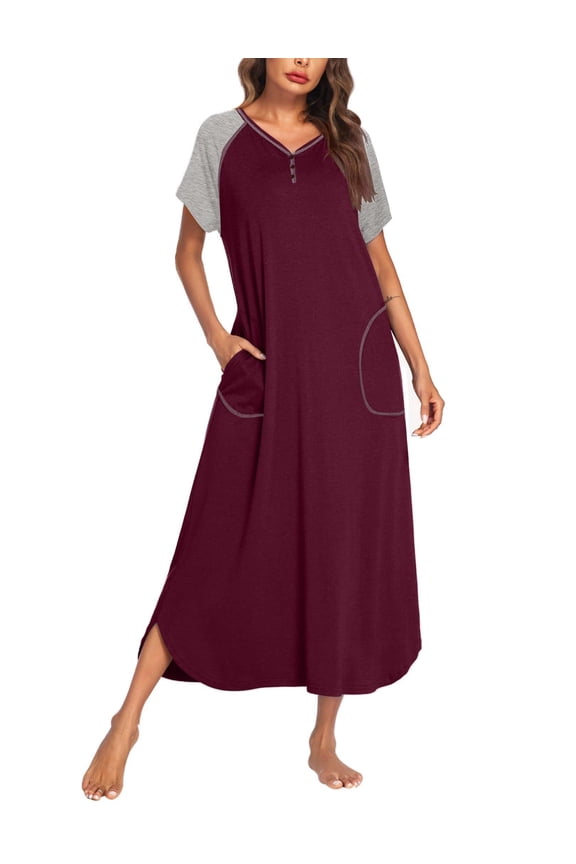 Women's Loungewear Long Nightgown Short Sleeve Sleepwear Full Length Sleep Shirt with Pockets