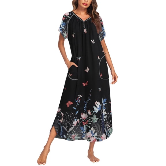 Ekouaer Long Nightgown Women's Loungewear Full Length Sleep Shirt Short Sleeve Sleepwear with Pockets