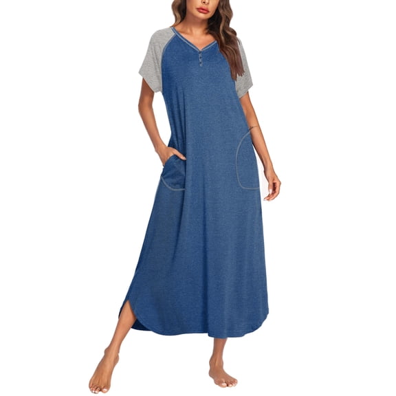 Ekouaer Long Nightgown Women's Loungewear Short Sleeve Sleepwear Full Length Sleep Shirt with Pockets