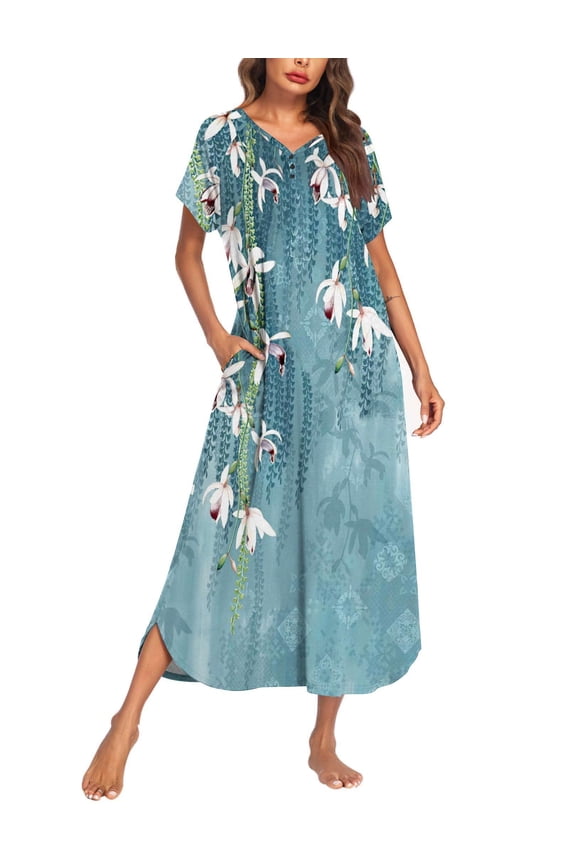 Long Nightgown Women's Loungewear Short Sleeve Sleepwear Full Length Sleep Shirt with Pockets