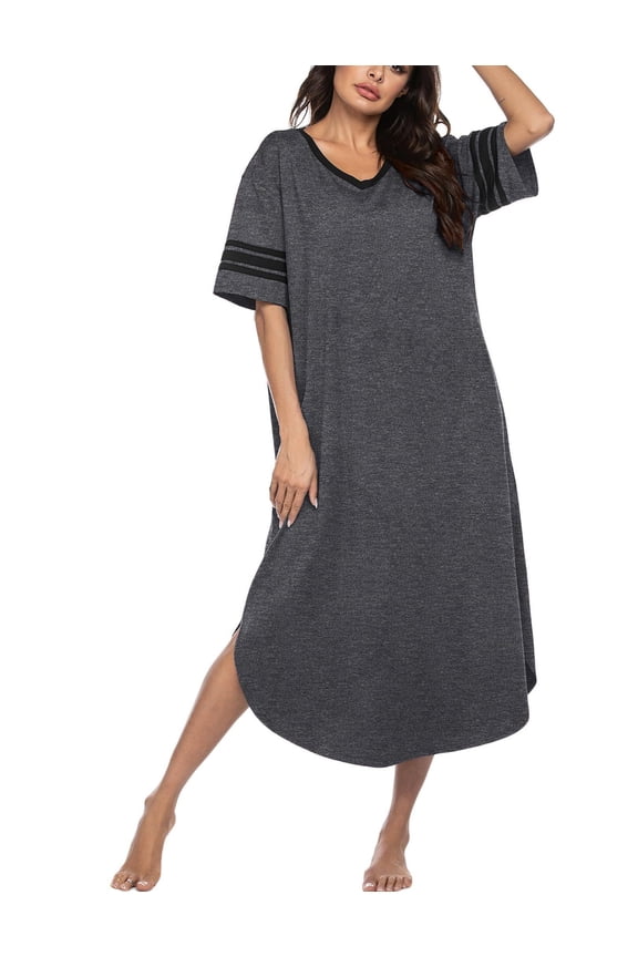 Long Nightgown Womens Loose Sleep Dress V Neck Loungewear