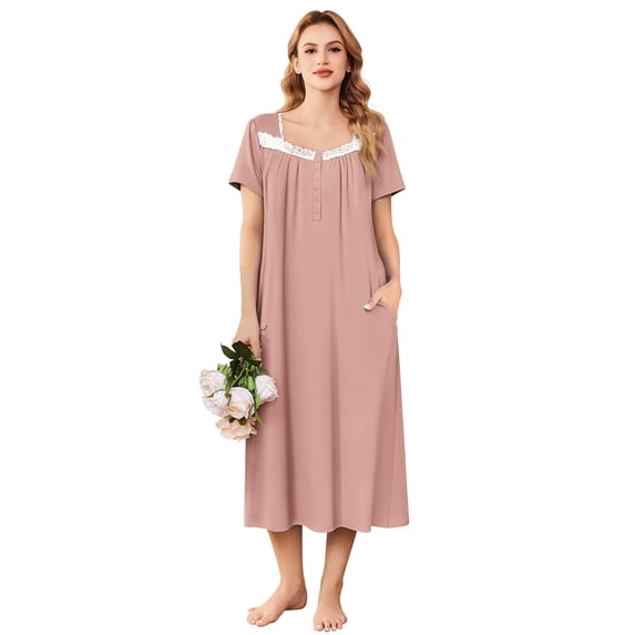 Ekouaer Long Nightgown for Women Short Sleeve Sleepwear Plus Size Loungewear Mumu Dress Lounge Dress with Pockets