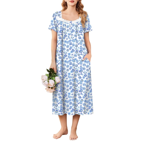 Ekouaer Long Nightgown for Women Short Sleeve Sleepwear Plus Size Loungewear Mumu Dress Lounge Dress with Pockets