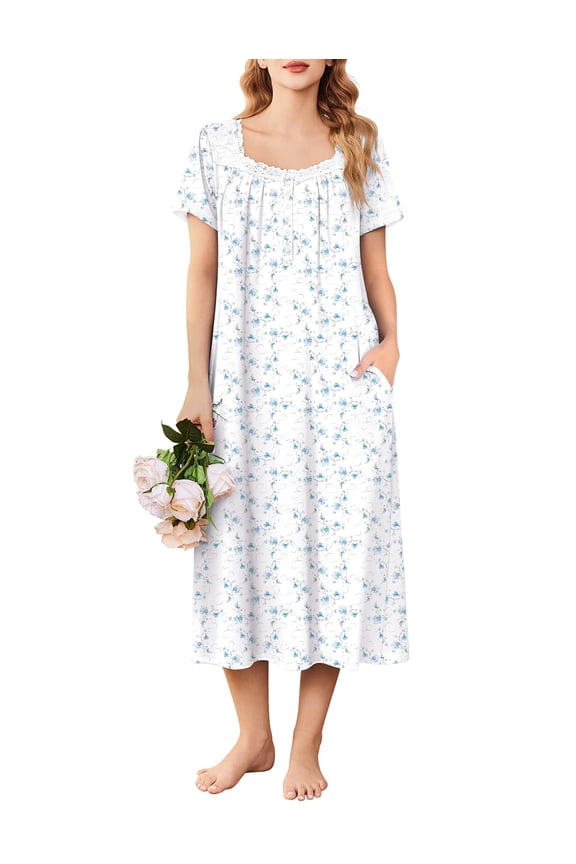 Long Nightgown for Women Short Sleeve Sleepwear Plus Size Loungewear Mumu Dress Lounge Dress with Pockets