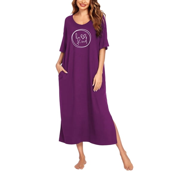 Ekouaer Long Nightgown for Women Short Sleeve Sleepwear Plus Size Loungewear with Pockets