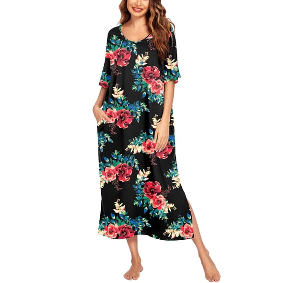 Ekouaer Long Nightgown for Women Short Sleeve Sleepwear Plus Size Loungewear with Pockets