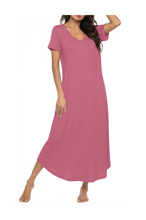 Long Nightgowns for Women Bamboo Viscose Sleepshirt Short Sleeve Night Gown V Neck House Dress