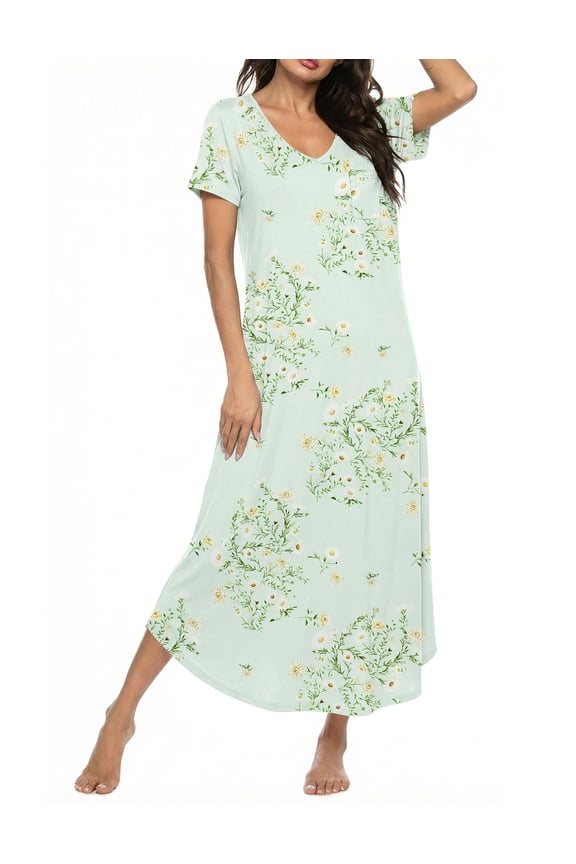 Long Nightgowns for Women Bamboo Viscose Sleepshirt Short Sleeve Night Gown V Neck House Dress
