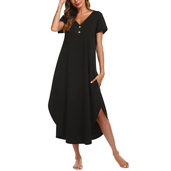Ekouaer Long Nightgowns for Women Button Night Gowns Short Sleeve Sleepwear Full Length Sleep Shirts With Pockets