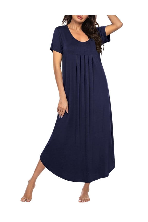 Long Nightgowns for Women House Dress Plus Size Sleepwear Pleated Full Length Loungwear Navy Blue XL